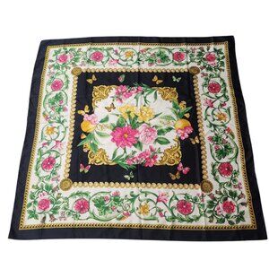 Vintage Floral Foulard Silky Womens Pink Yellow Blue Sqaure Scarf Large